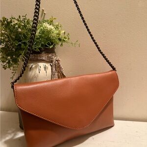 J. Crew Invitation Clutch Cognac Brown Leather Envelope Purse Chain Strap NWOT